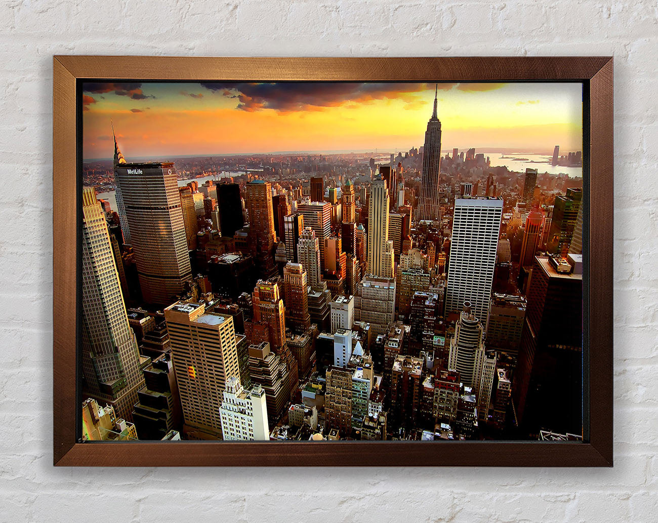 Aerial View Of New York City Sunset Framed Wall Art