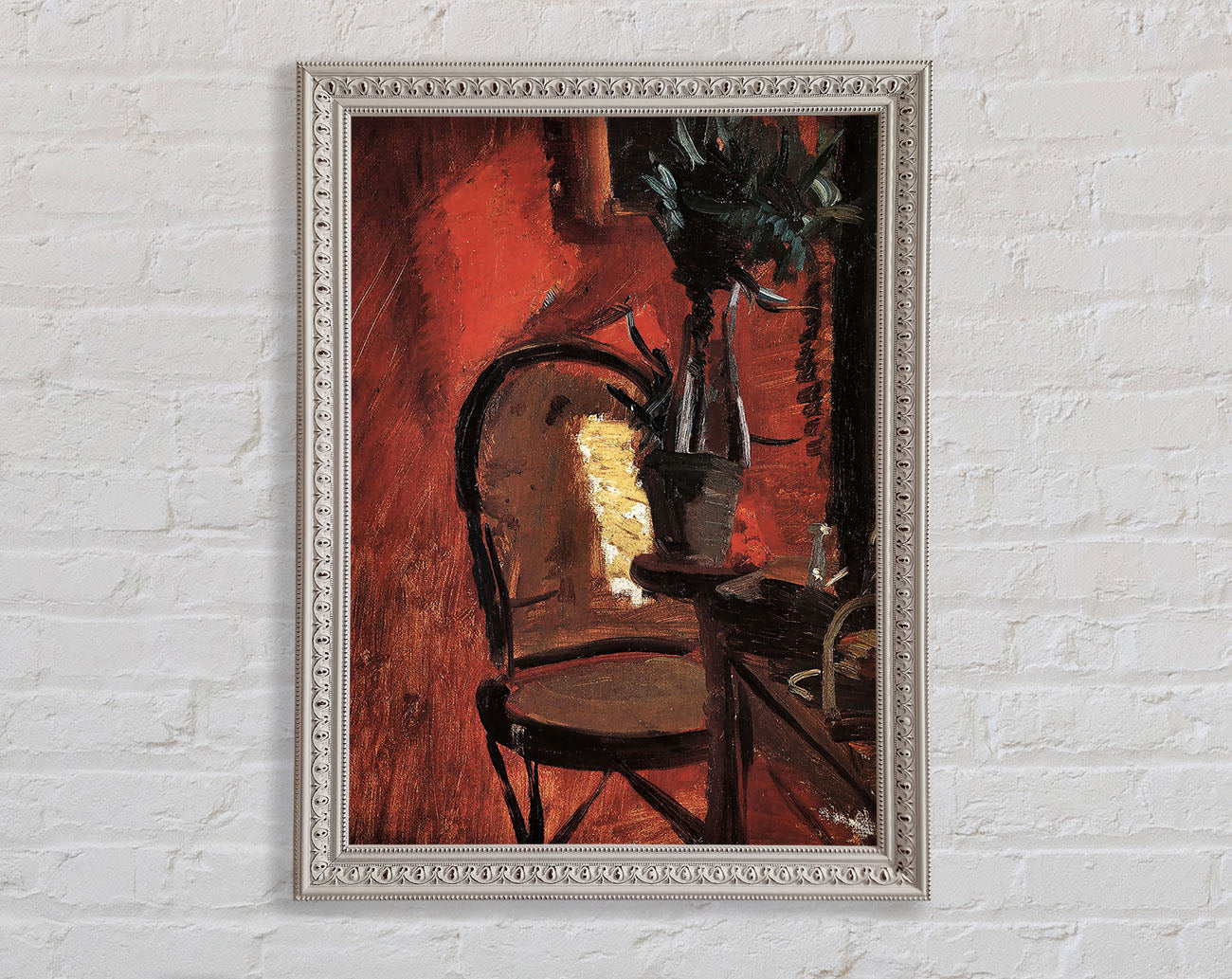 Anna Ancher Chair With A Plant In Front Of Red Wall Framed Wall Art
