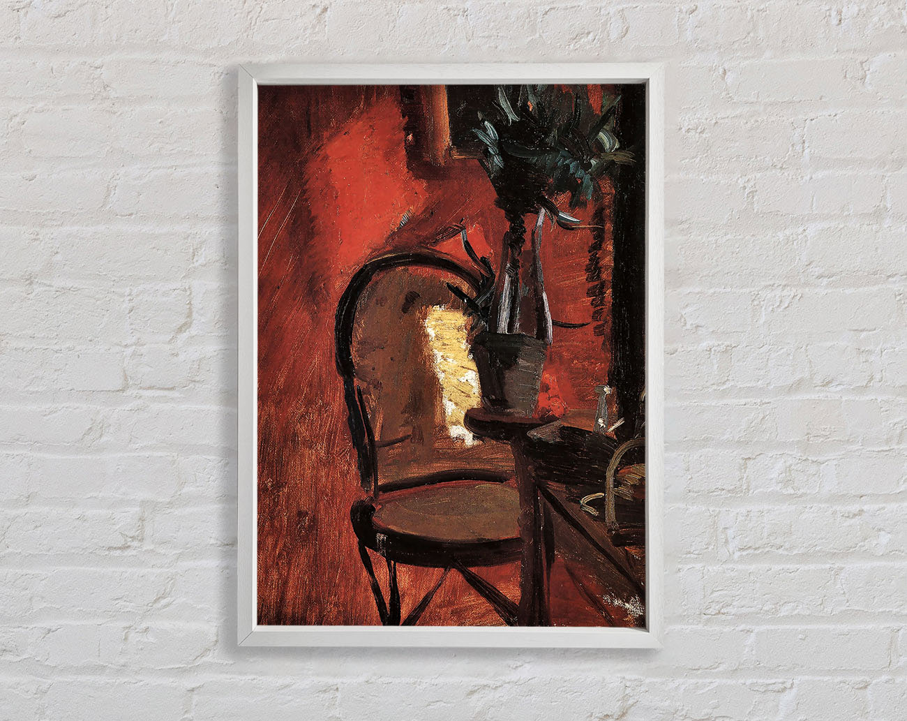 Anna Ancher Chair With A Plant In Front Of Red Wall Framed Wall Art