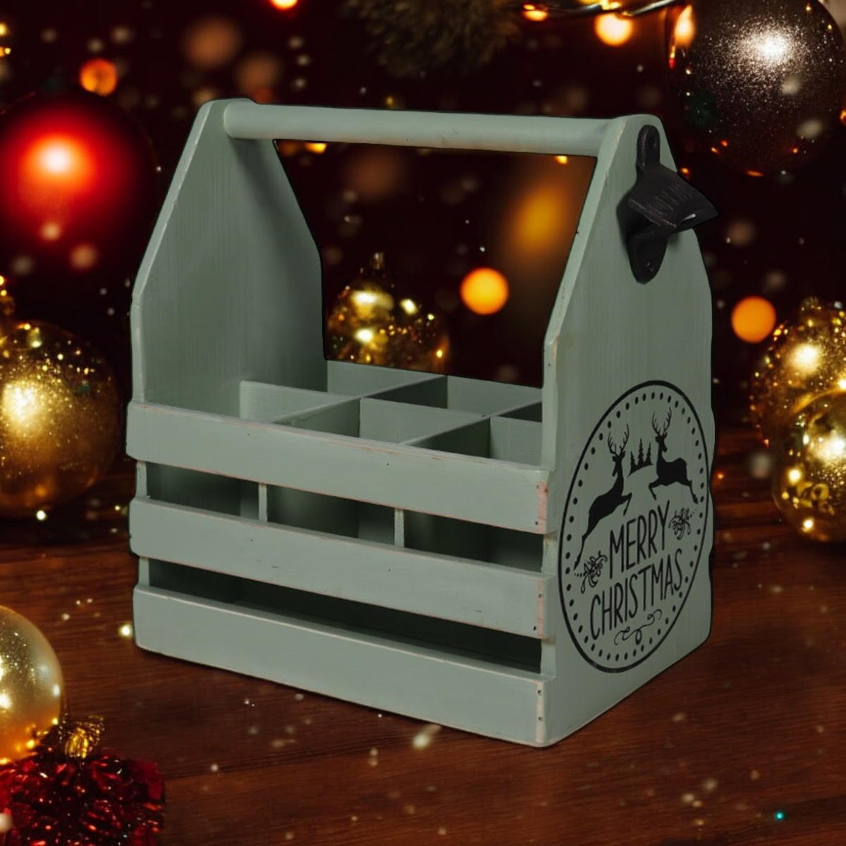 RUSTIC GREEN 6 BOTTLE HOLDER WITH OPENER