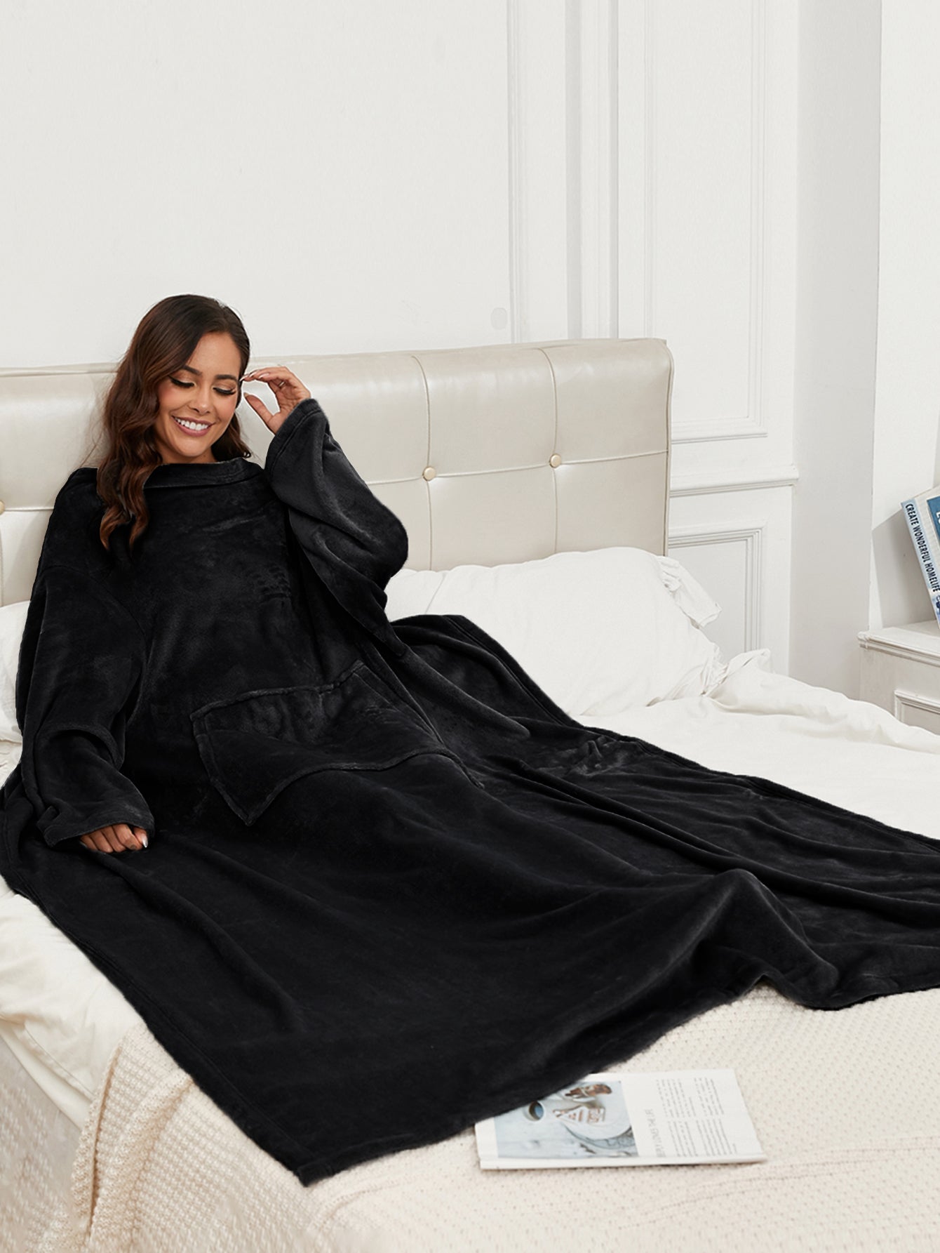 RONGTAI Fleece Wearable Blanket With Sleeve And Pocket For Adults, Cozy Warm Full Body Wrap Throws Blanket Robe, Navy, Oversized