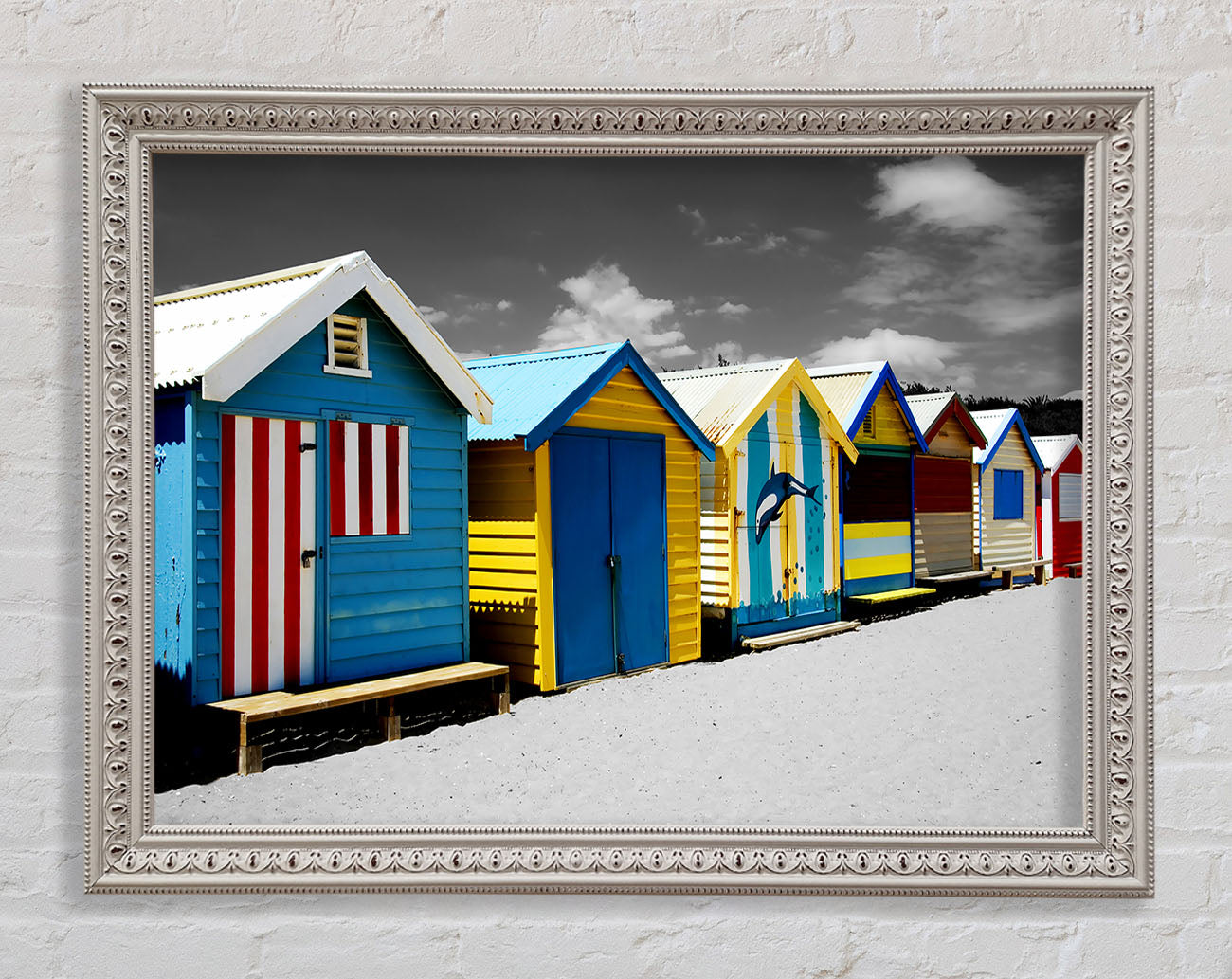 Colourful Beach Huts On B n W Framed Wall Art