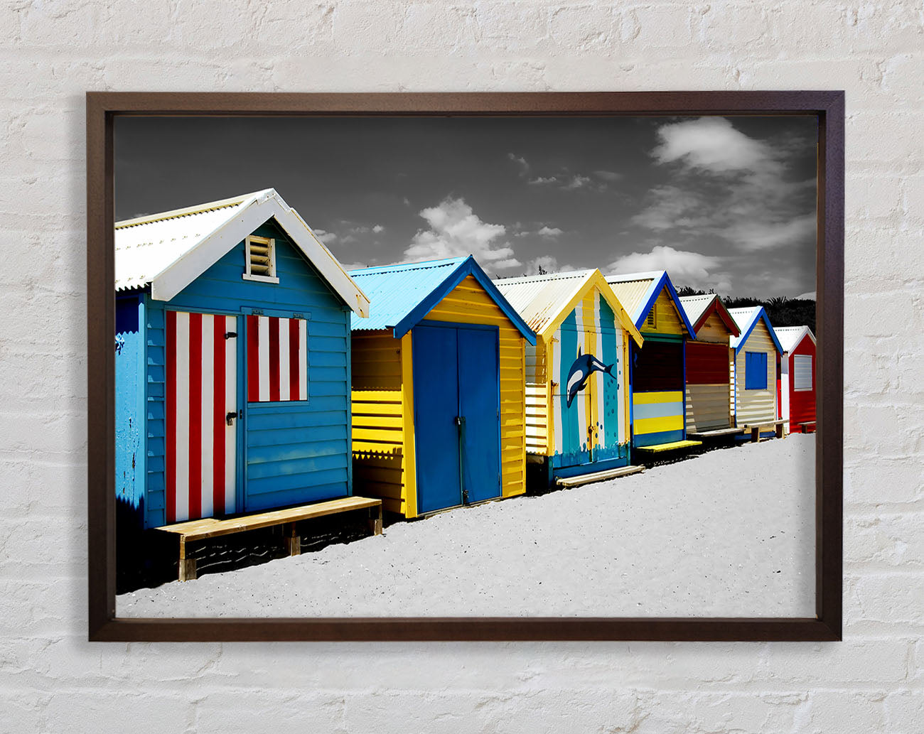 Colourful Beach Huts On B n W Framed Wall Art