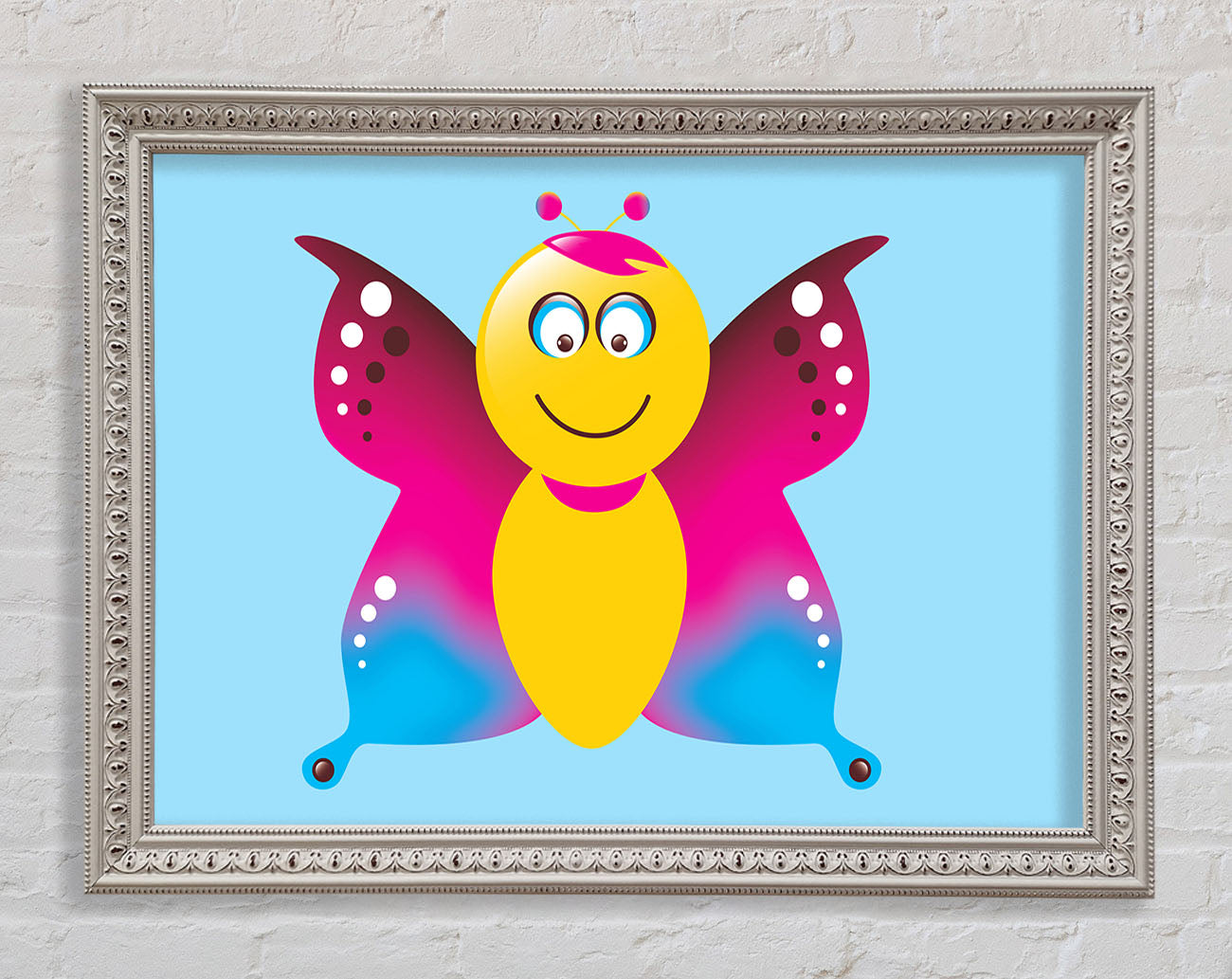 Butterfly Cartoon Face Baby Blue Framed Wall Art