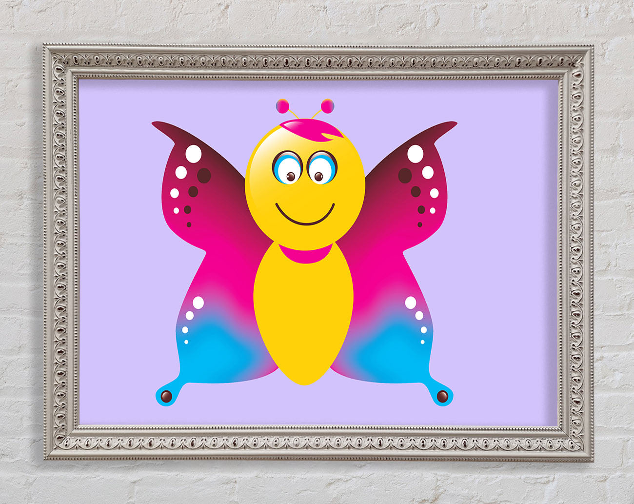 Butterfly Cartoon Face Lilac Framed Wall Art