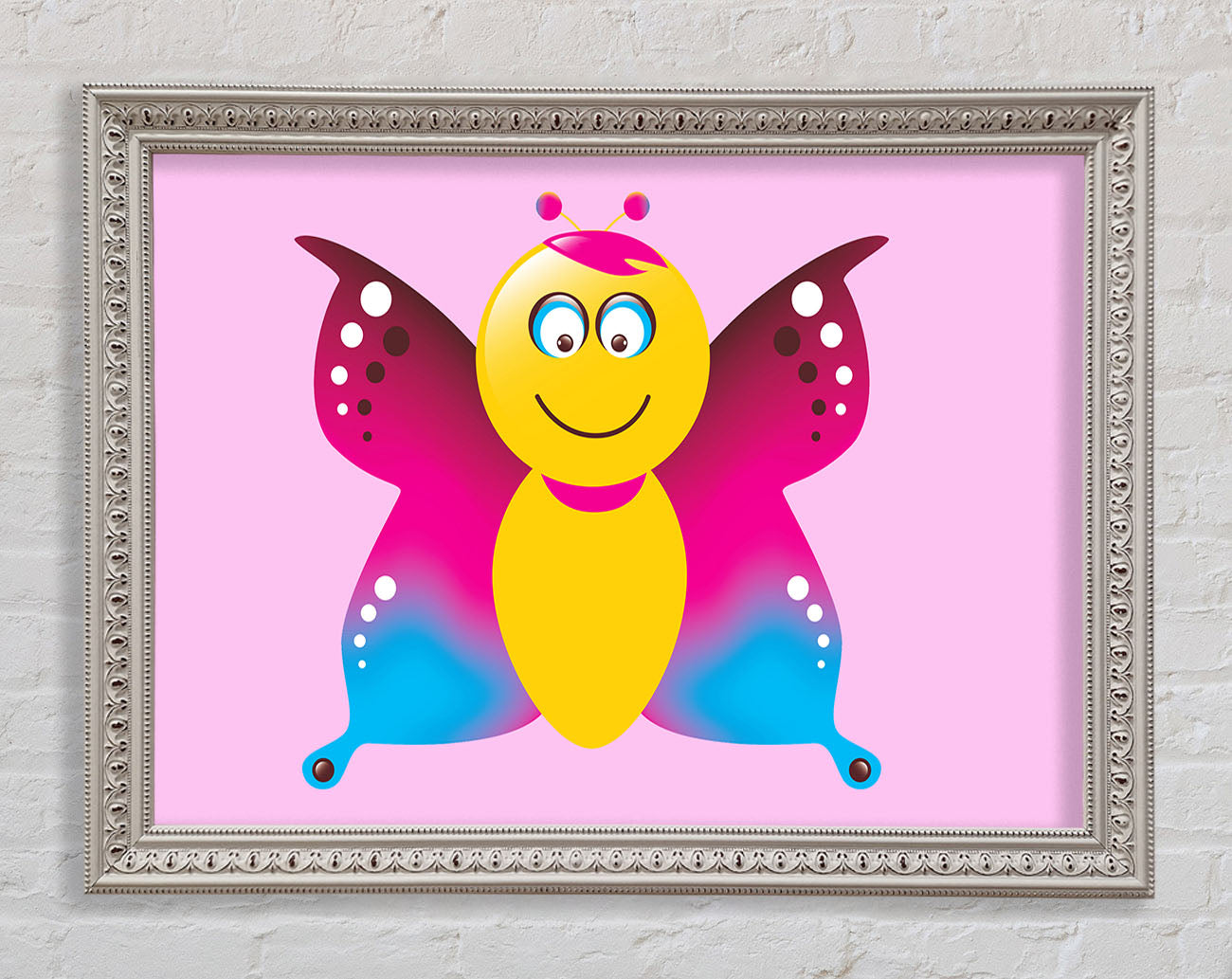 Butterfly Cartoon Face Pink Framed Wall Art