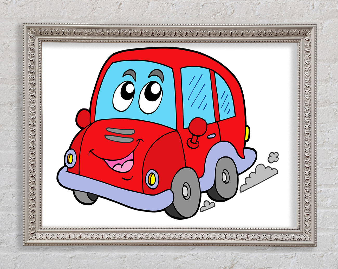 Car With Face Smokey White Framed Wall Art