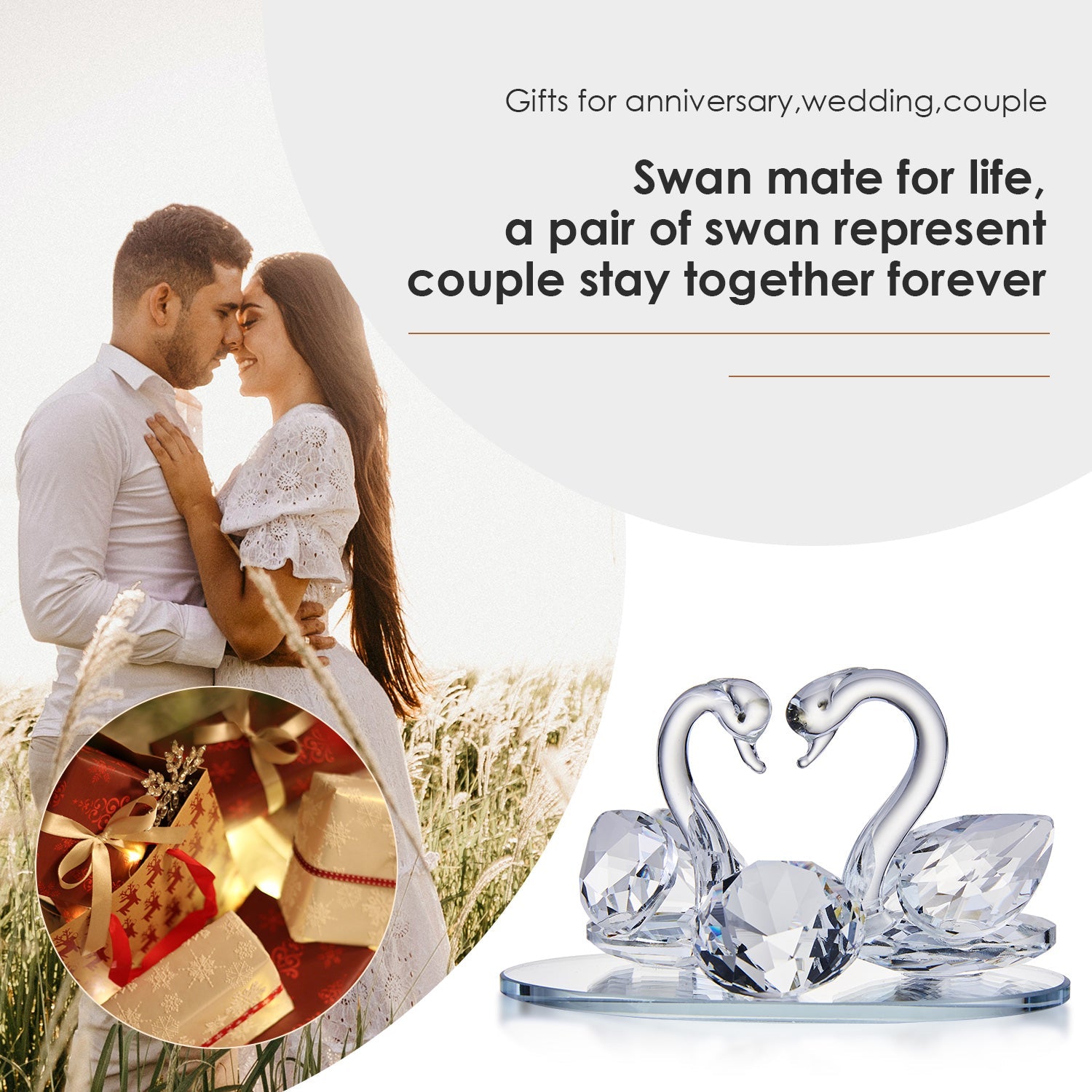 London Boutique Crystal Clear Double Swan Model, Clear Crystal Base, Twin Swan, Elegant Home Decoration, Gift in White Gift Box for All Occasions
