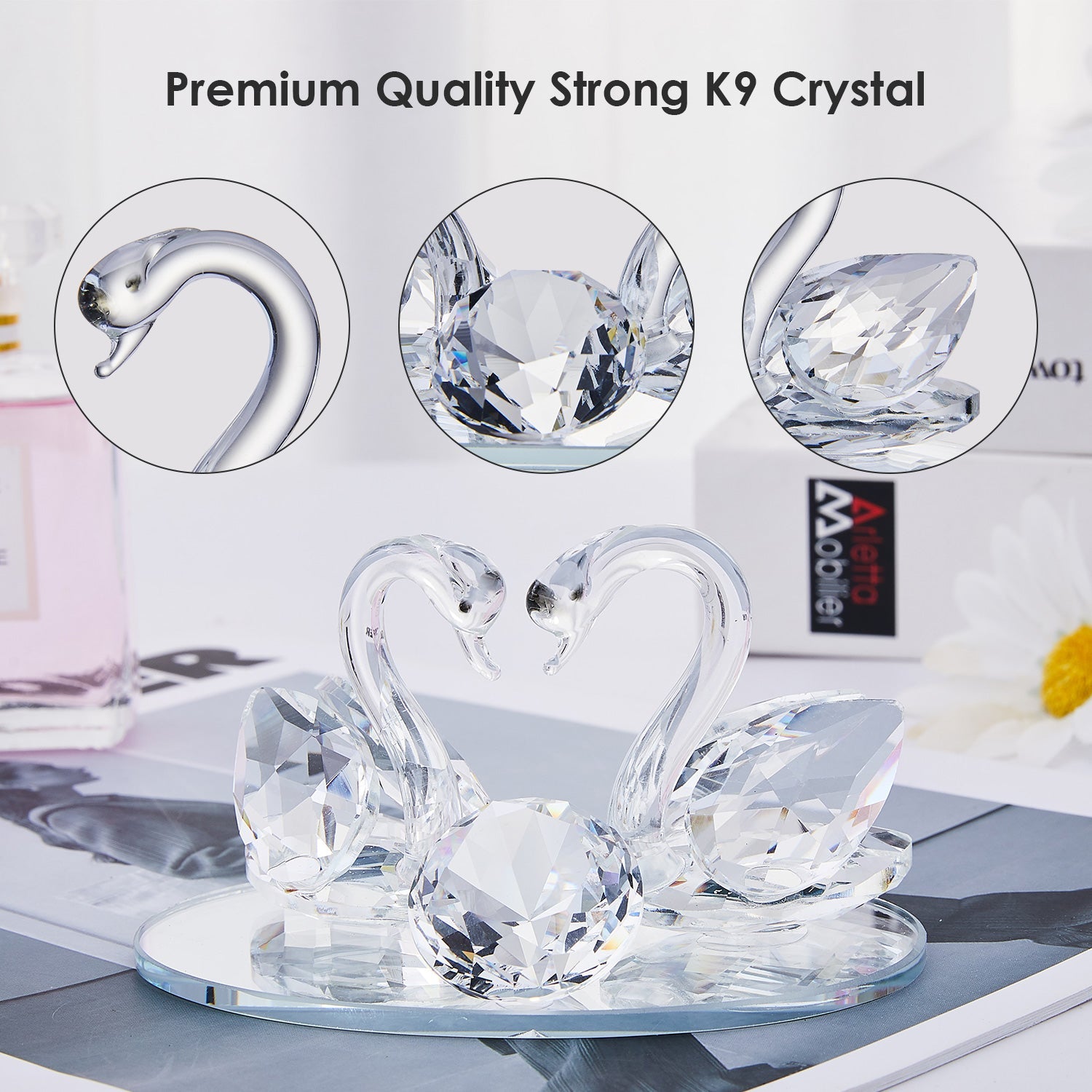London Boutique Crystal Clear Double Swan Model, Clear Crystal Base, Twin Swan, Elegant Home Decoration, Gift in White Gift Box for All Occasions