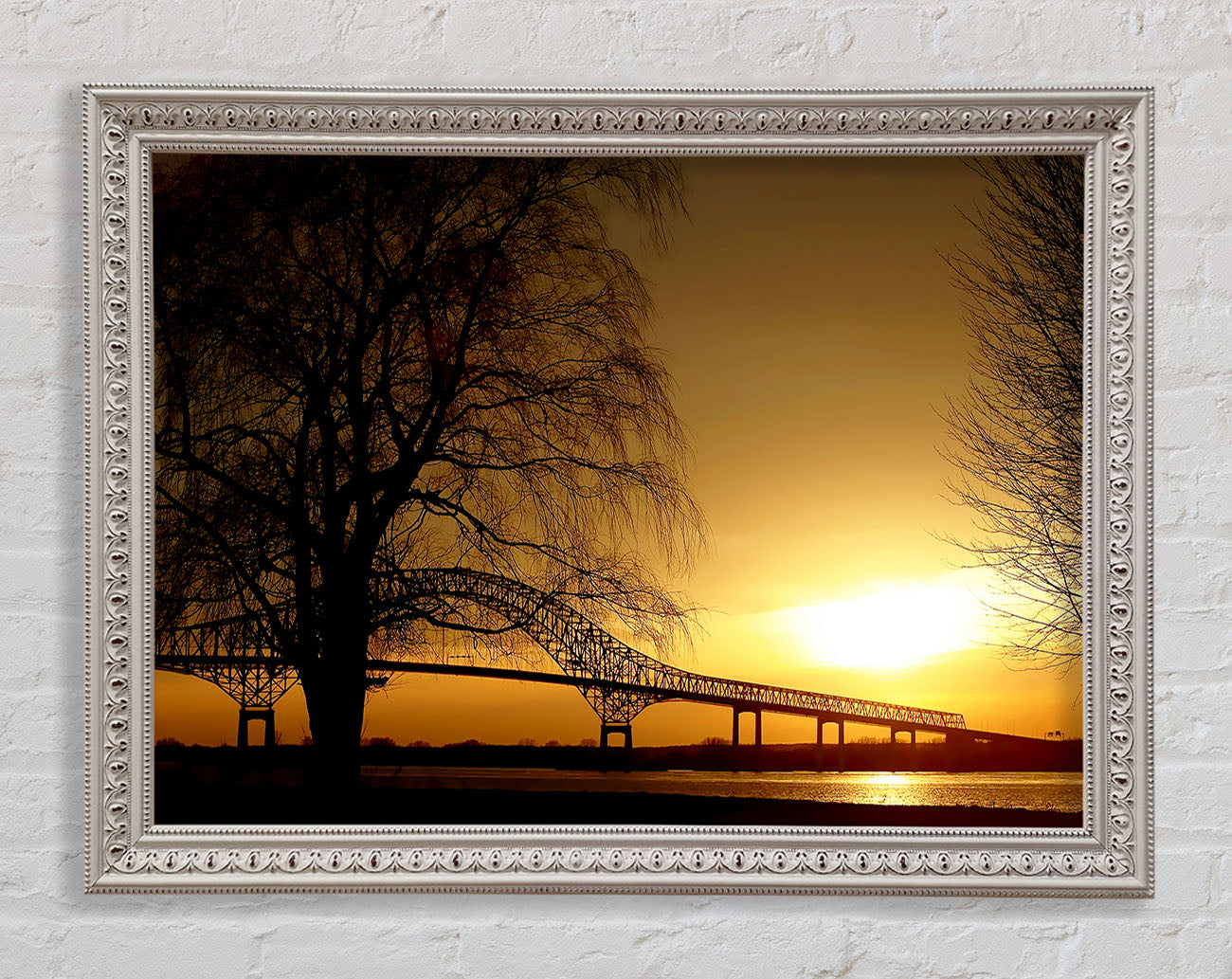 Bridge Over The Yellow Winter Lake Framed Wall Art
