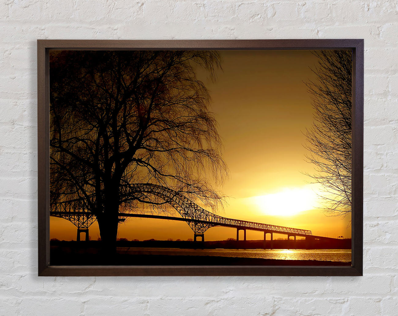 Bridge Over The Yellow Winter Lake Framed Wall Art