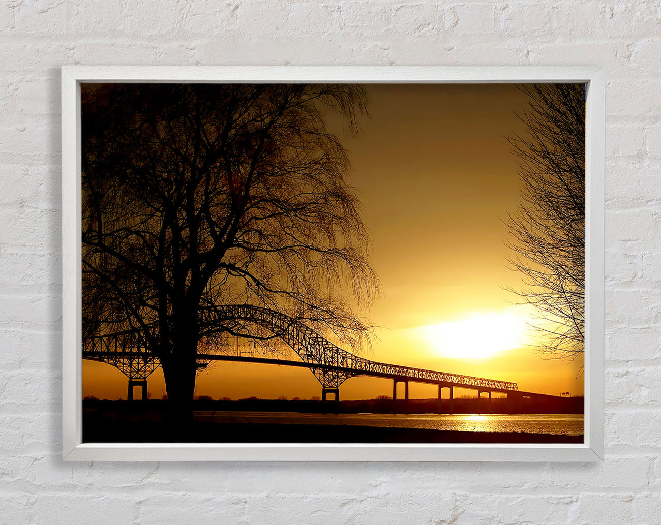 Bridge Over The Yellow Winter Lake Framed Wall Art