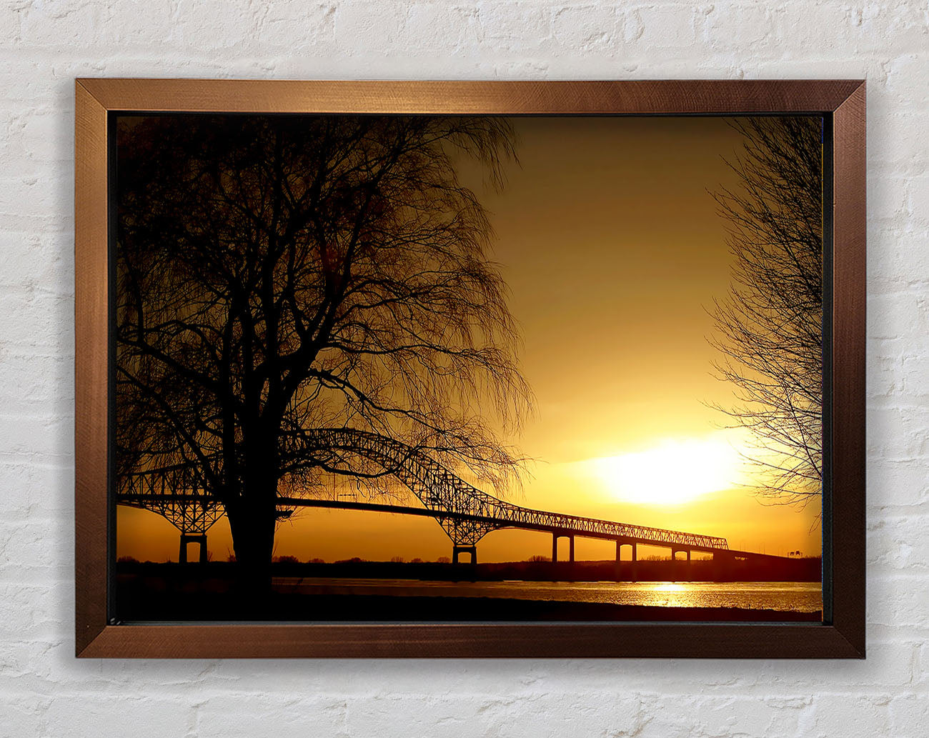 Bridge Over The Yellow Winter Lake Framed Wall Art
