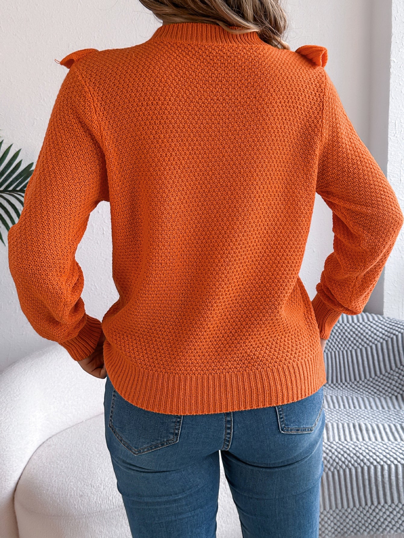 Women Elegant Solid Color Ruffled Long Sleeve Pullover Sweater