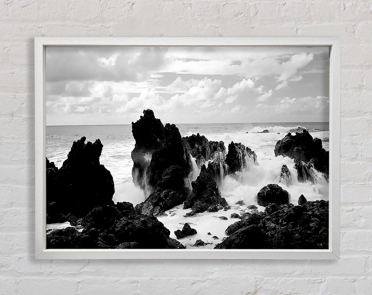 Crashing Waves Over Rocks B n W Framed Wall Art