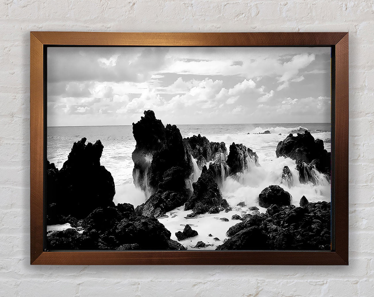 Crashing Waves Over Rocks B n W Framed Wall Art