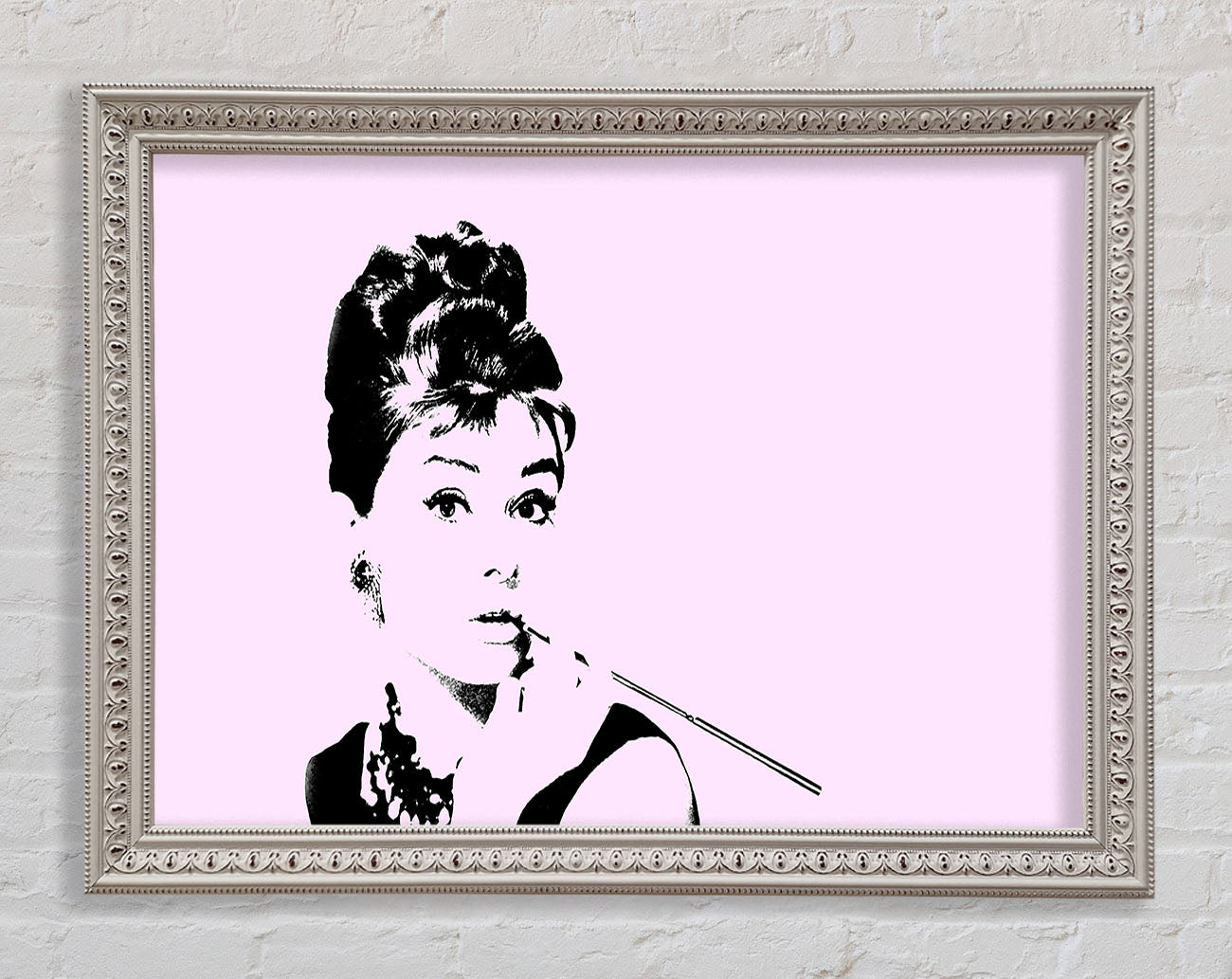 Audrey Hepburn Cigarette Pose Pink Framed Wall Art