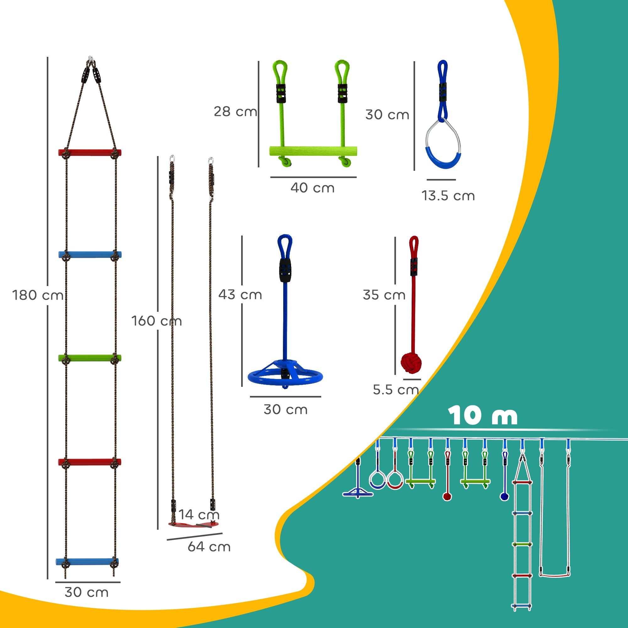 AIYAPLAY 10 Piece Zip Line Kit for Kids, for Outdoor Garden, Multicolour