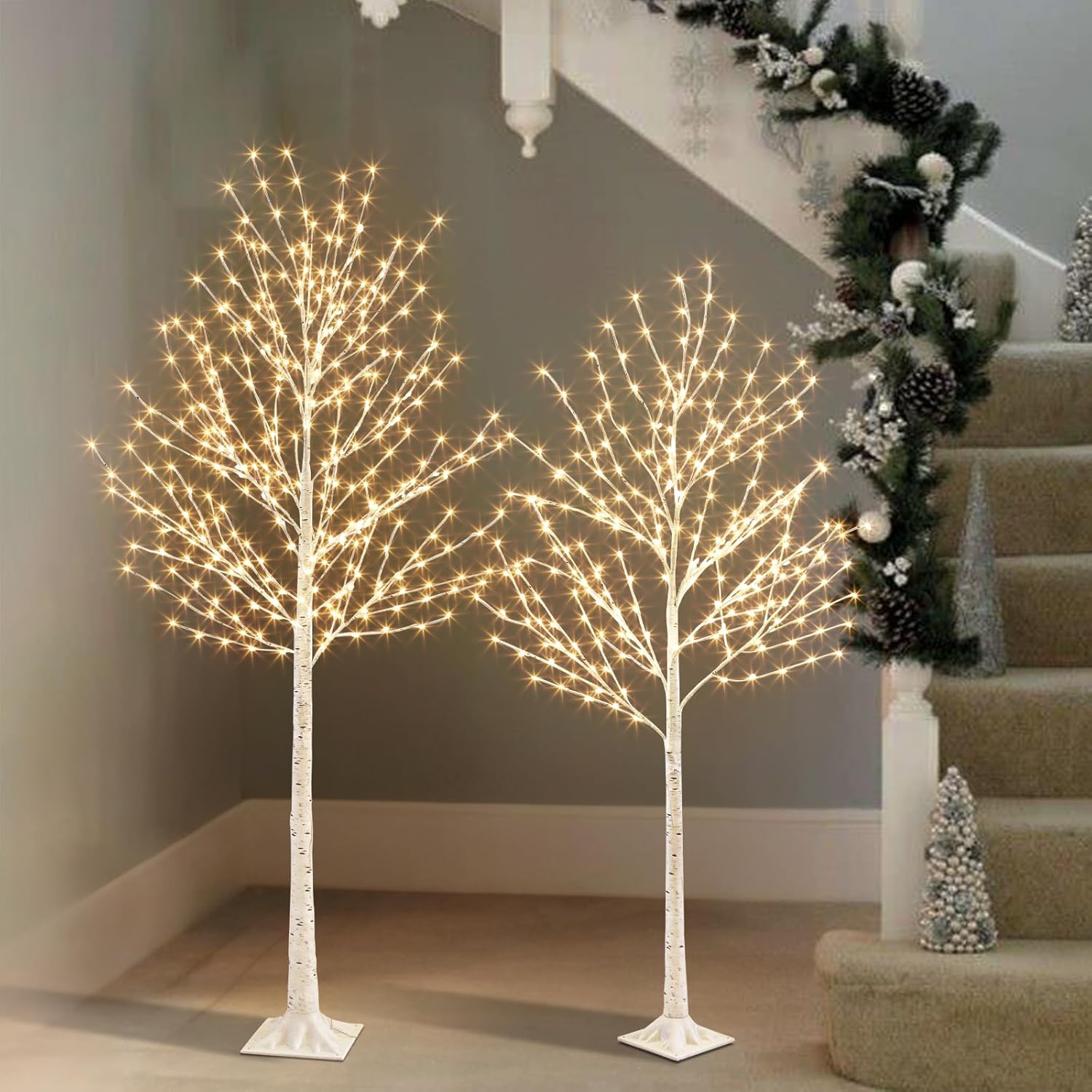 EAMBRITE Lighted Birch Tree Set, 5FT & 6FT White LED Twig Trees with Timer