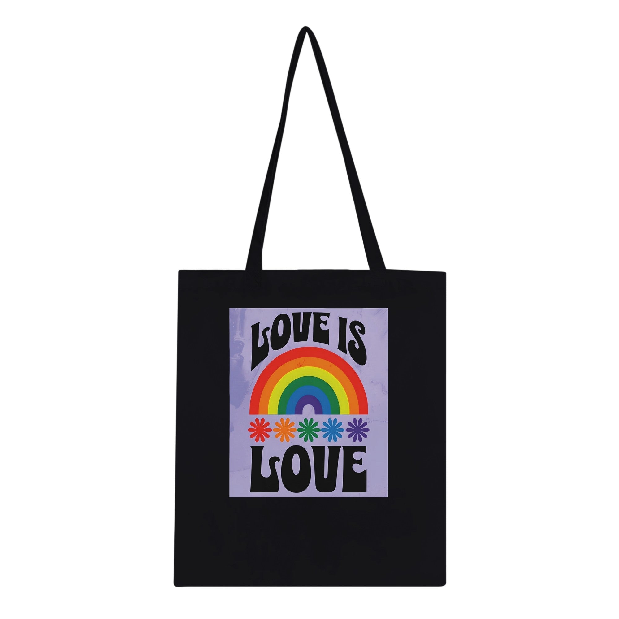 Love Is Love Tote Bag – LGBTQ+ Pride Rainbow Shopper Bag - Eco-Friendly Reusable Cotton Tote with Retro 70s Style Design