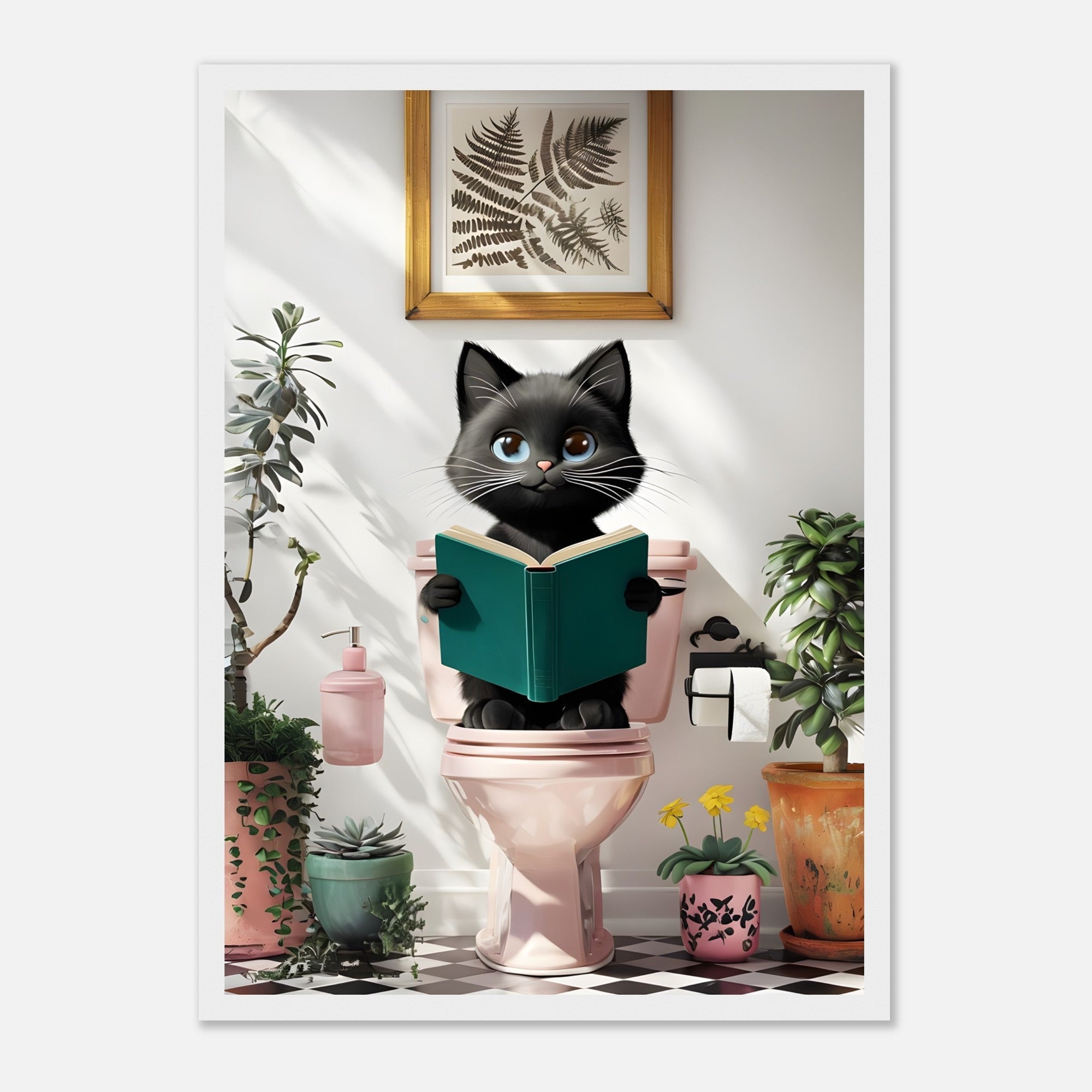 Framed Black Cat Poster – Quirky Bathroom Art with a Humorous Twist