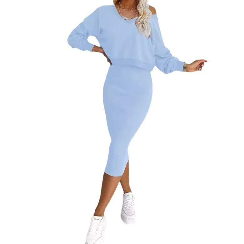 Women's Two Piece Dress Suit Fashion Long-sleeved V-neck Pullover Sweatshirt And Sleeveless Dresses Set