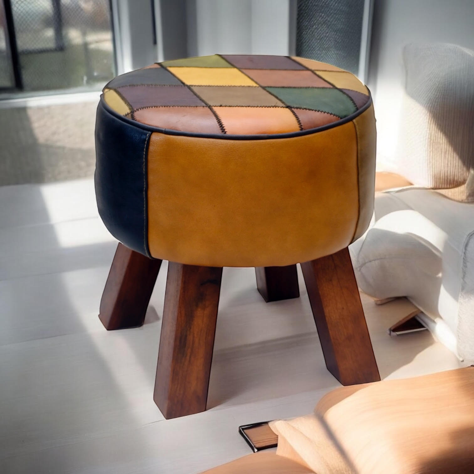 42CM LEATHER STOOL Harlequin diamond pattern