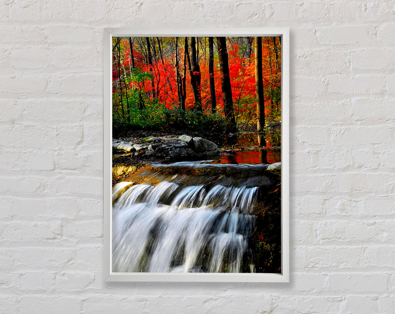 Autumn Waterfall Forest Framed Wall Art