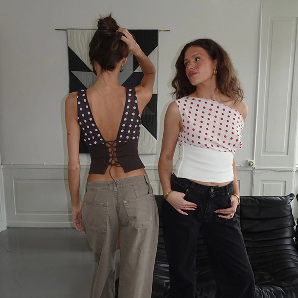 Polka Dots Print Oblique Shoulder Tops Summer Patchwork Chiffon Crop Top Women Sexy Sleeveless Lace Up Backless Blouse Casual Streetwear Tee