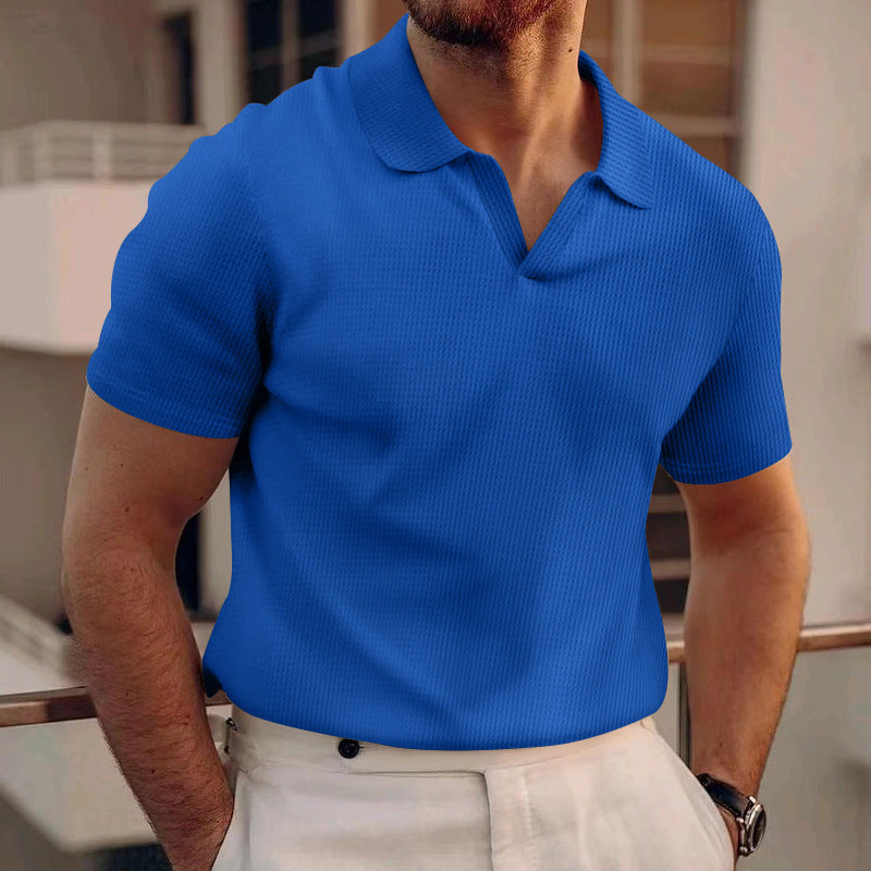 INS Waffle Lapel Short-sleeved T-shirt Summer Fashion Solid Color V-neck Polo Shirt Tops Men's Clothing