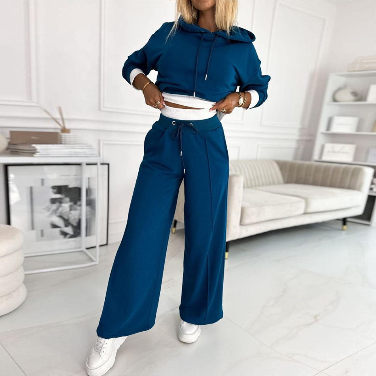 Women's Hoodie Suit Sporty Casual Long-Sleeved Hooded Sweatshirt And Drawstring Pocket Sweatpants Fashion Commuter Trousers Set Outfit Clothing