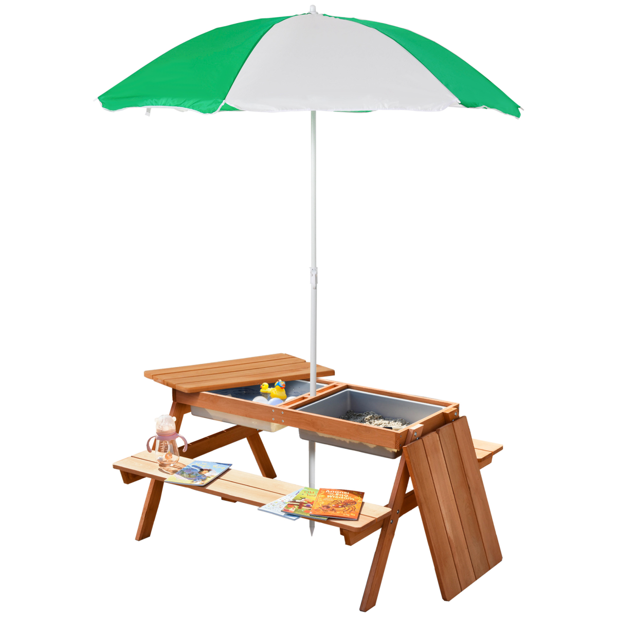 Outsunny Wooden Kids Picnic Table, Sand and Water Table with Benches, Brown