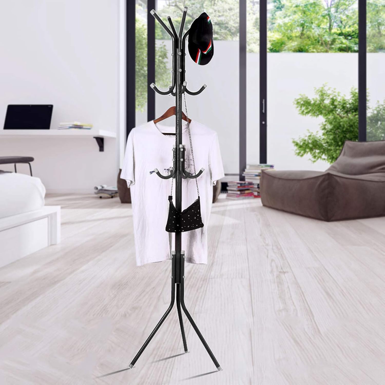 Steel Standing Coat Rack – 12 Hooks, Triangle Base, 68.5in Tall – Black