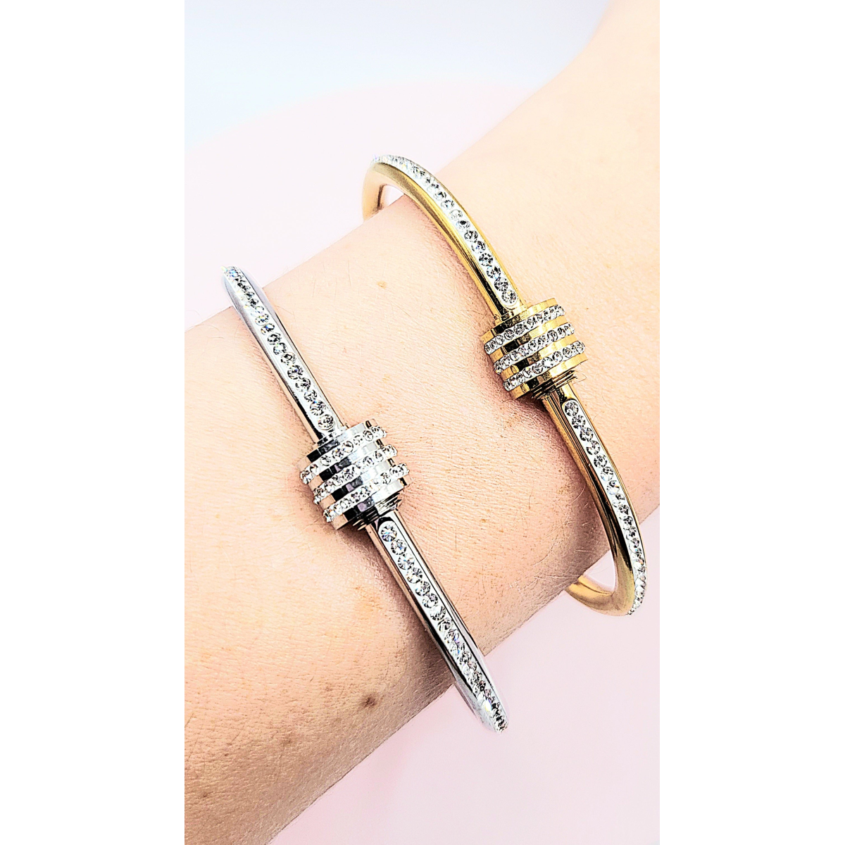 Curved Crystal Stacking Bangle Stainless Steel