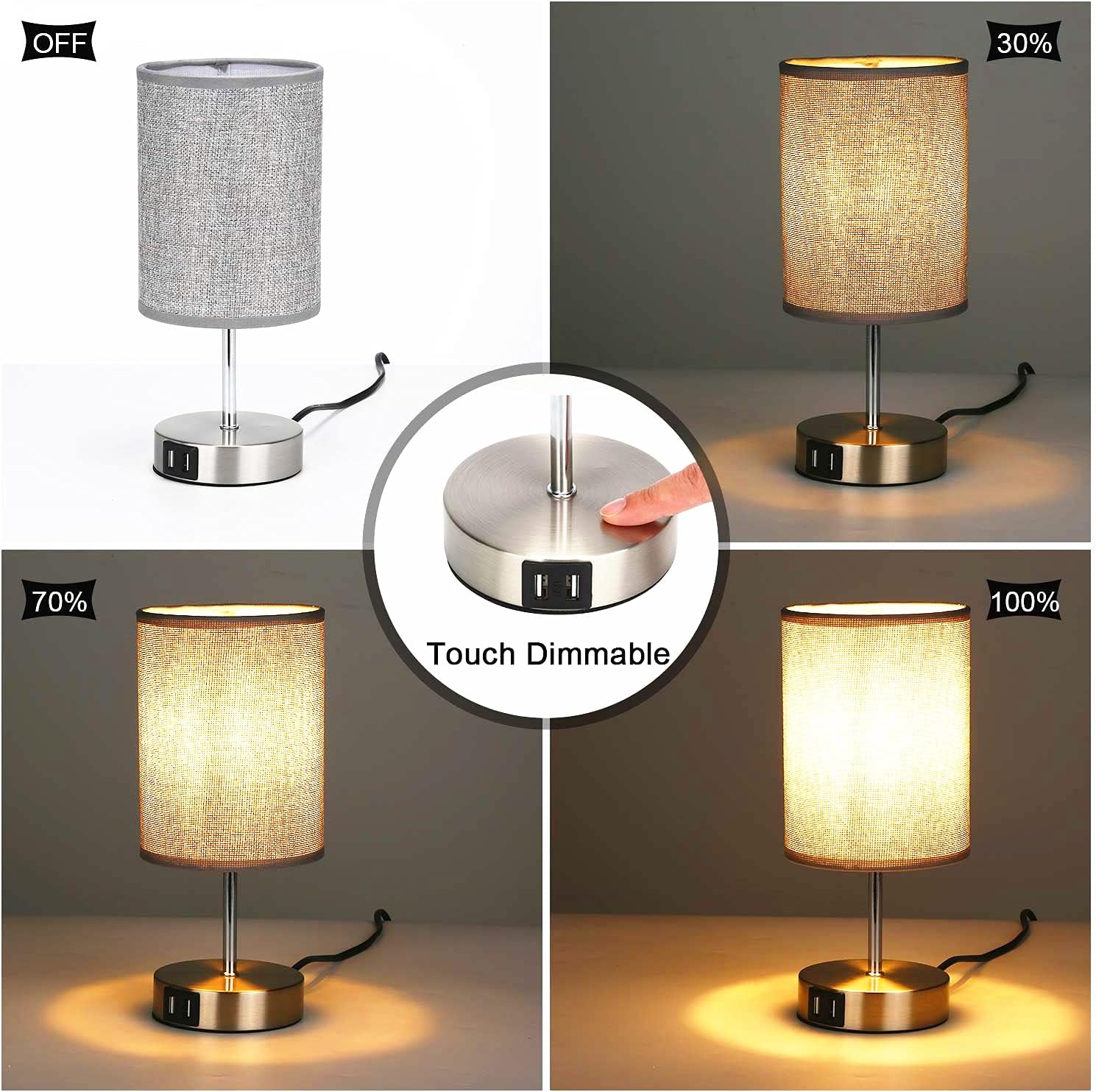 Lightess 2x Touch Bedside Lamps Grey, USB, Dimmable, E14 Bulbs Included – Round
