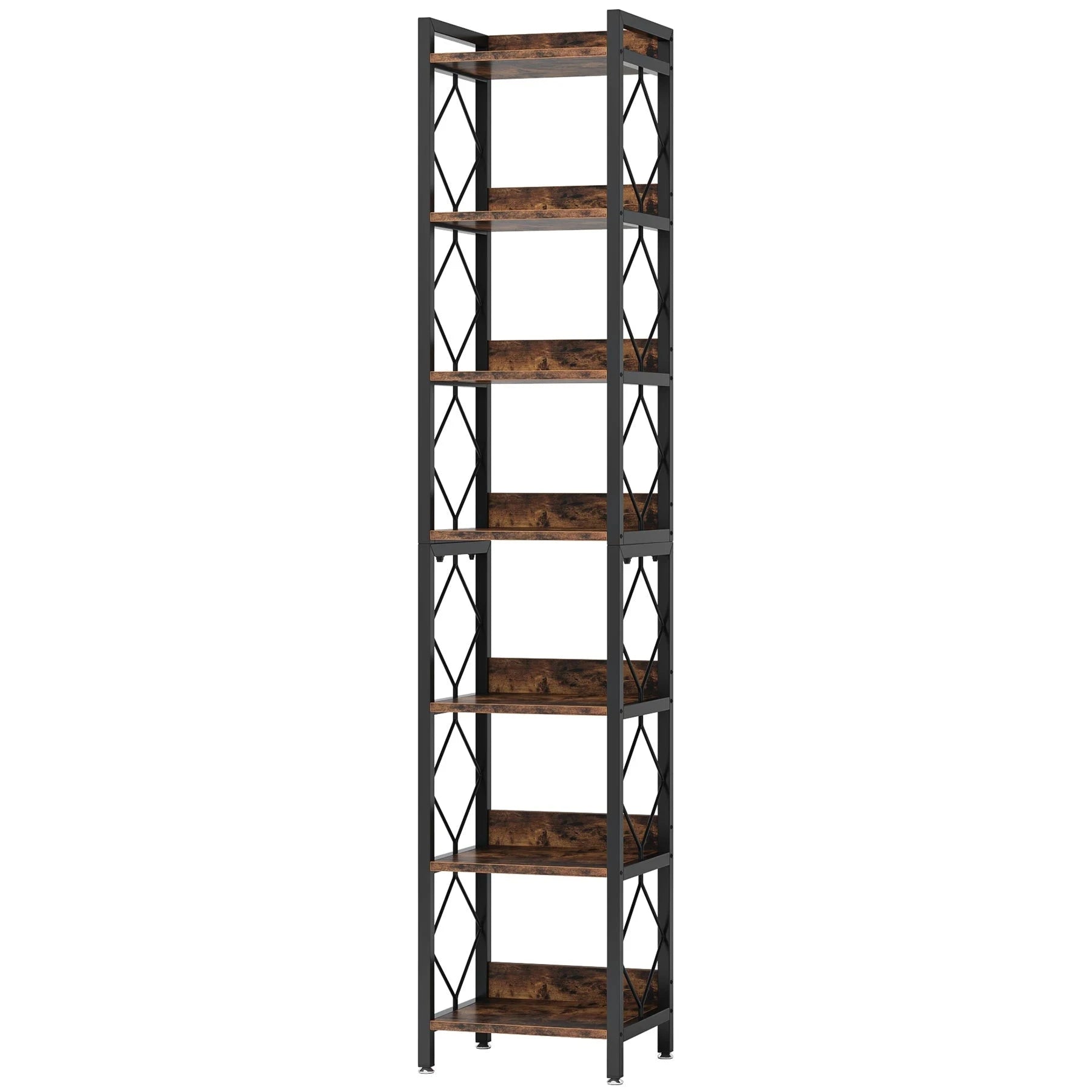 200cm Slim 7-Tier Industrial Bookshelf - Rustic Wood & Black Metal Display Tower.