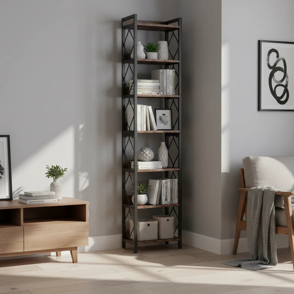 200cm Slim 7-Tier Industrial Bookshelf - Rustic Wood & Black Metal Display Tower.