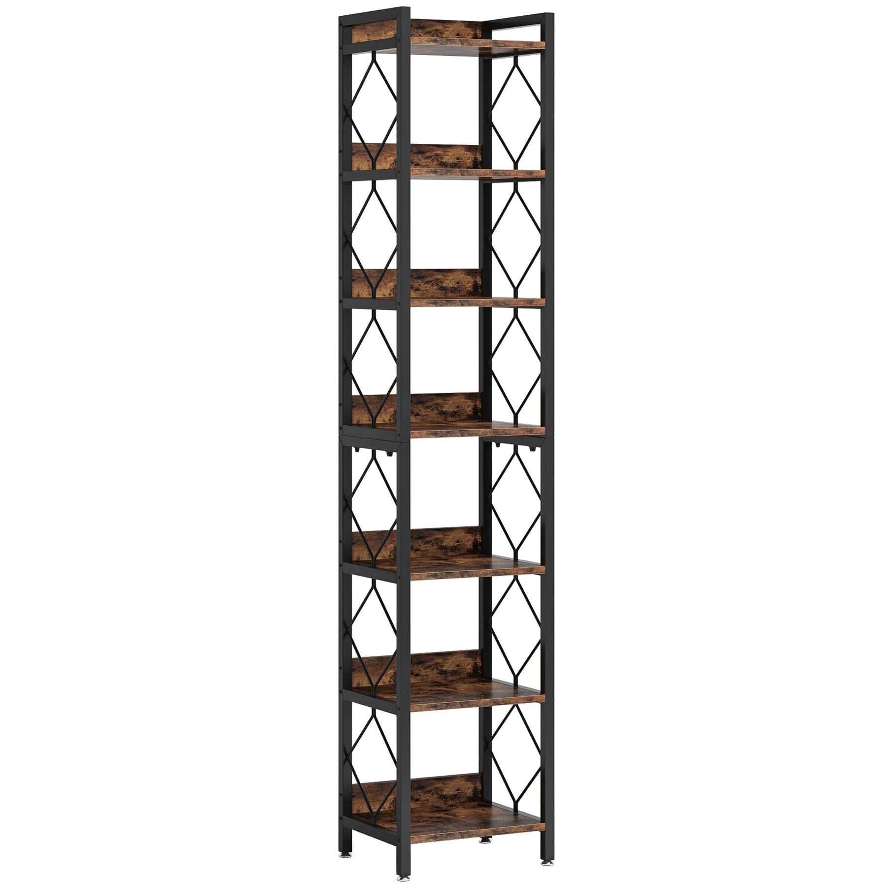 200cm Slim 7-Tier Industrial Bookshelf - Rustic Wood & Black Metal Display Tower.