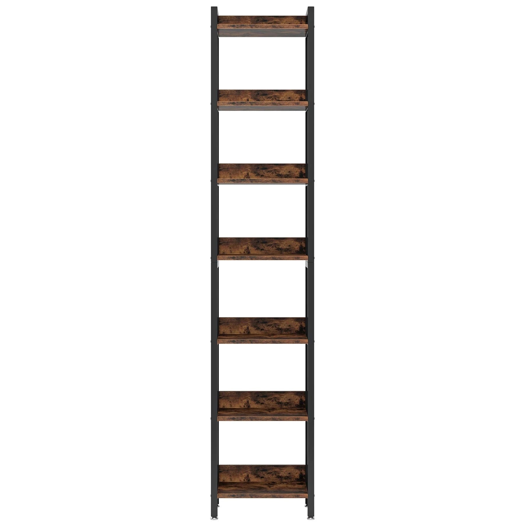 200cm Slim 7-Tier Industrial Bookshelf - Rustic Wood & Black Metal Display Tower.