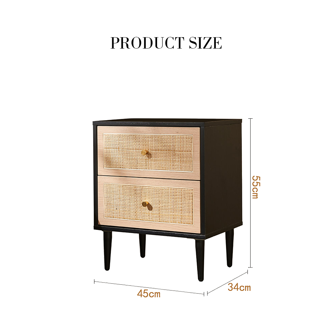 Tsaatan Wood Bedside Table, Rattan, Black