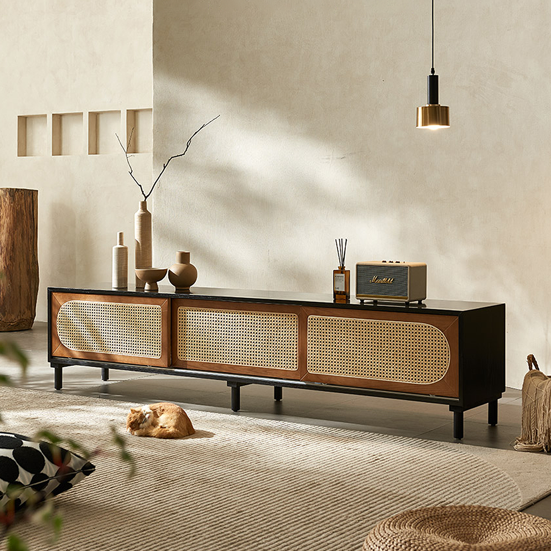 Dogon Rattan TV Stand, Black, Solid Wood