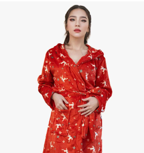 Flannel Hooded Loungewear Robe, Printed Cartoon Bathrobe