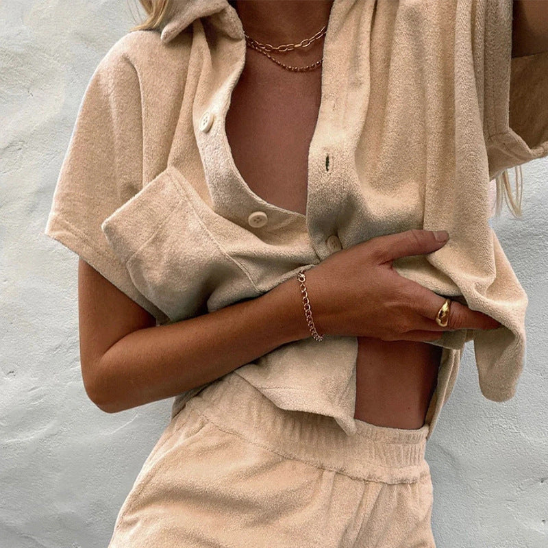 Women's Solid-Colored Single-Breasted Loose-Fitting Fashionable Casual Homewear Set
