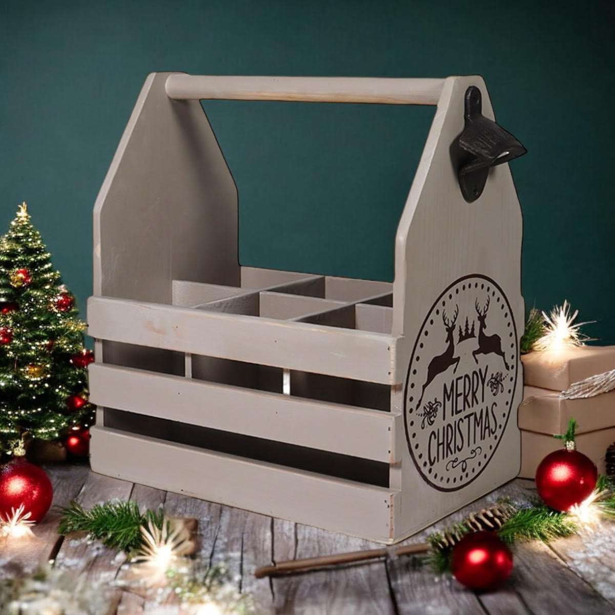 RUSTIC GREY 6 BOTTLE HOLDER WITH OPENER