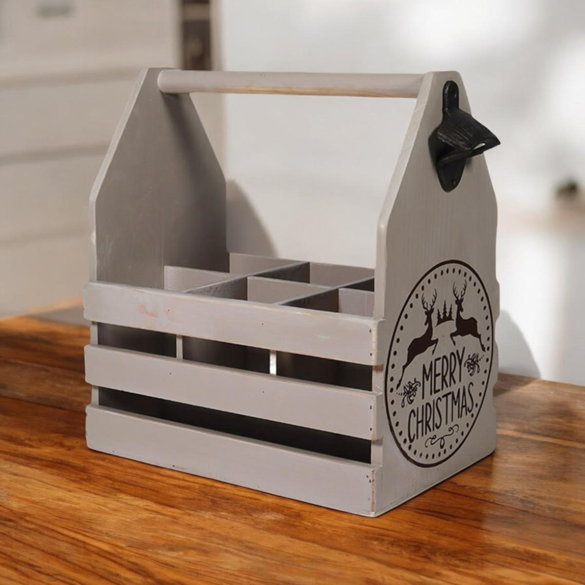 RUSTIC GREY 6 BOTTLE HOLDER WITH OPENER