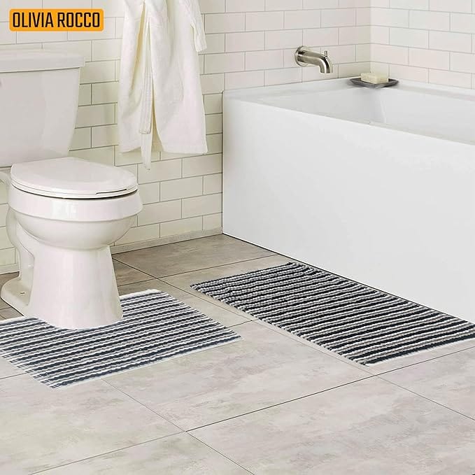 OLIVIA ROCCO Amalfi 2 Piece Bath Mat Set 100 Percent Cotton Jumbo Plush Absorbent Pedestal Bath Rug Modern Design For Bathroom Decor