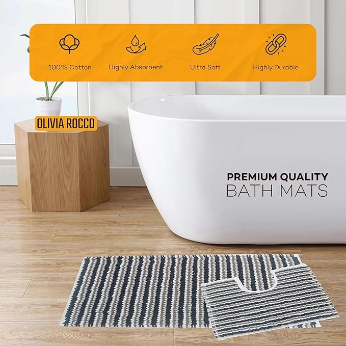 OLIVIA ROCCO Amalfi 2 Piece Bath Mat Set 100 Percent Cotton Jumbo Plush Absorbent Pedestal Bath Rug Modern Design For Bathroom Decor