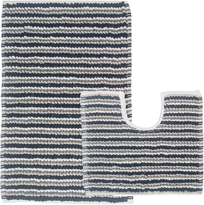 OLIVIA ROCCO Amalfi 2 Piece Bath Mat Set 100 Percent Cotton Jumbo Plush Absorbent Pedestal Bath Rug Modern Design For Bathroom Decor