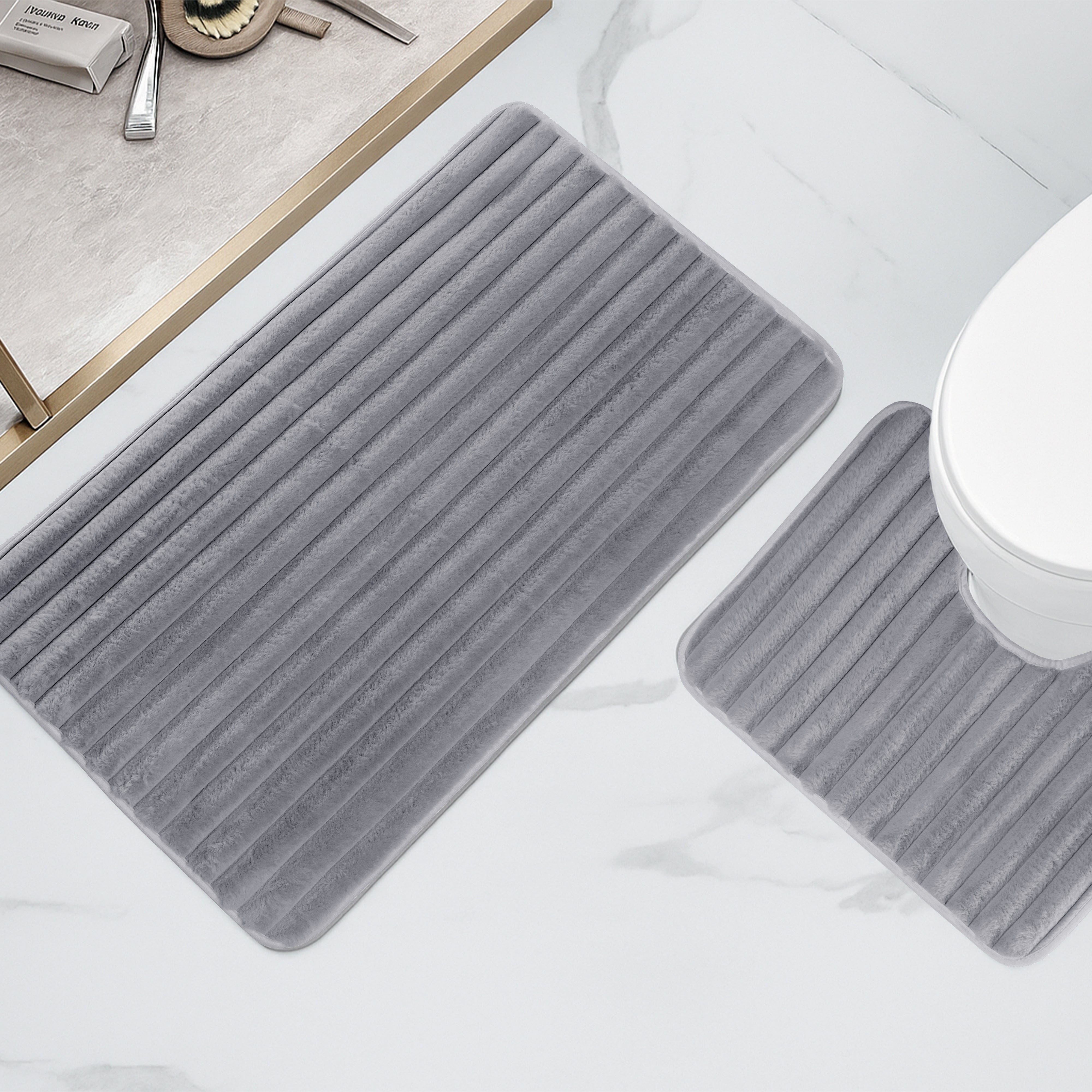 OLIVIA ROCCO 2 Piece Ribbed Bath Mat Set Charcoal Extra Soft Non Slip Super Absorbent Easy Care Rug For Bathroom And Toilet