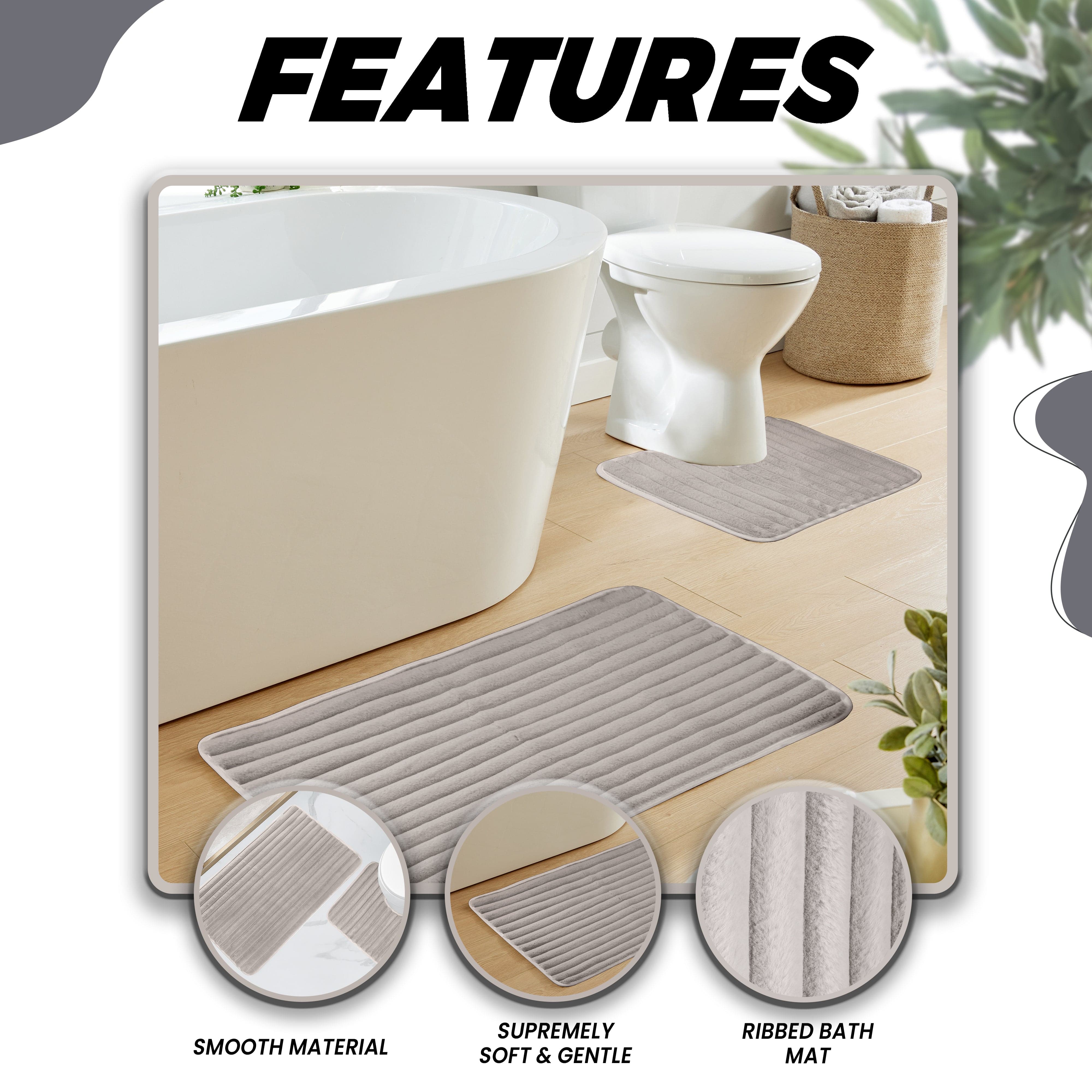 OLIVIA ROCCO 2 Piece Ribbed Bath Mat Set Natural Extra Soft Non Slip Super Absorbent Easy Care Polyester Bathroom Mats Machine Washable